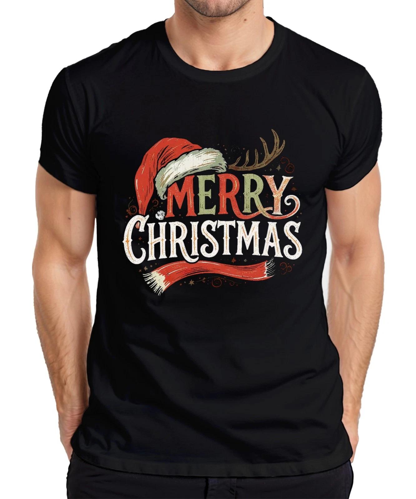 MERRY CHRISTMAS Santa Hat Reindeer Vintage Retro Christmas Mens T-Shirt- M