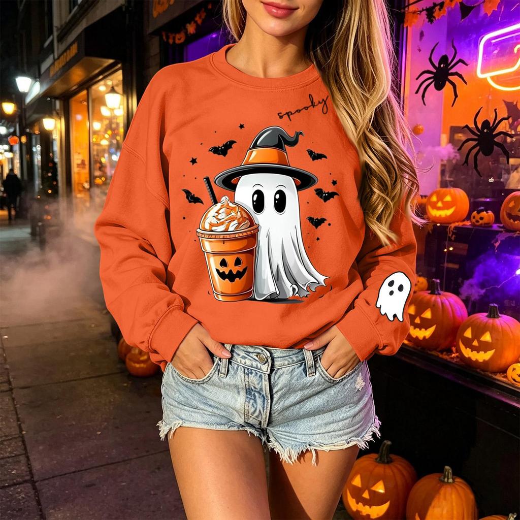 Unisex Halloween Print Long Sleeve Neck Pullover Sweatshirt, Lightweight Casual Top for Men and Women