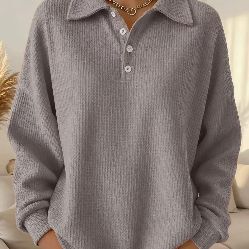 Women's Polo Collar Waffle Knit Long Sleeve Top Loose Fit Casual Pullover