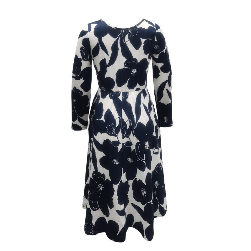 Women Elegant V Neck Floral Print Pocket Loose Long Dress