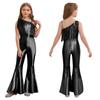 Kids Sparkly Jumpsuit Off-shoulder Sleeveless Sequin Tassels Flared for Pageant Show