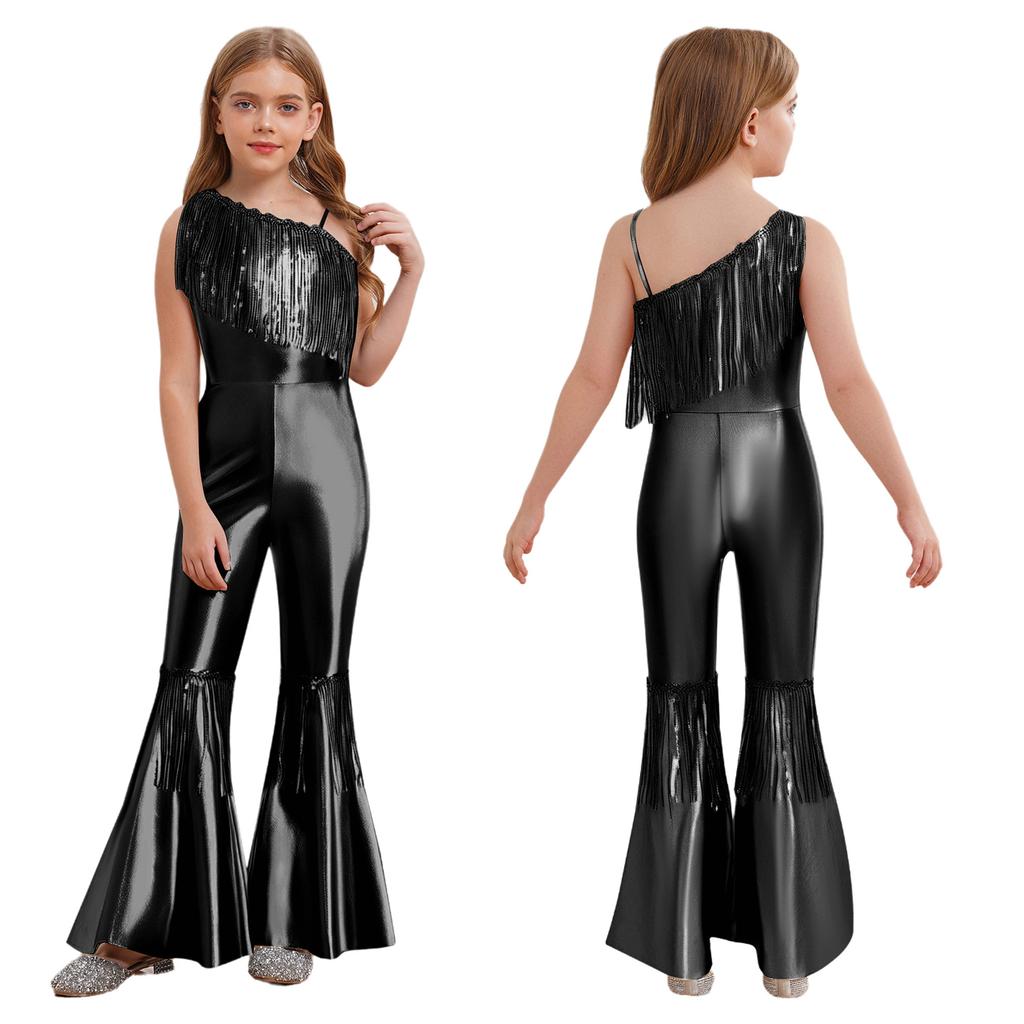 Kids Sparkly Jumpsuit Off-shoulder Sleeveless Sequin Tassels Flared for Pageant Show