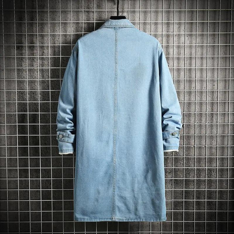 Men's Spring and Autumn Knee-length Denim Trench Coat Solid Color Plus Size Commuter Jacket