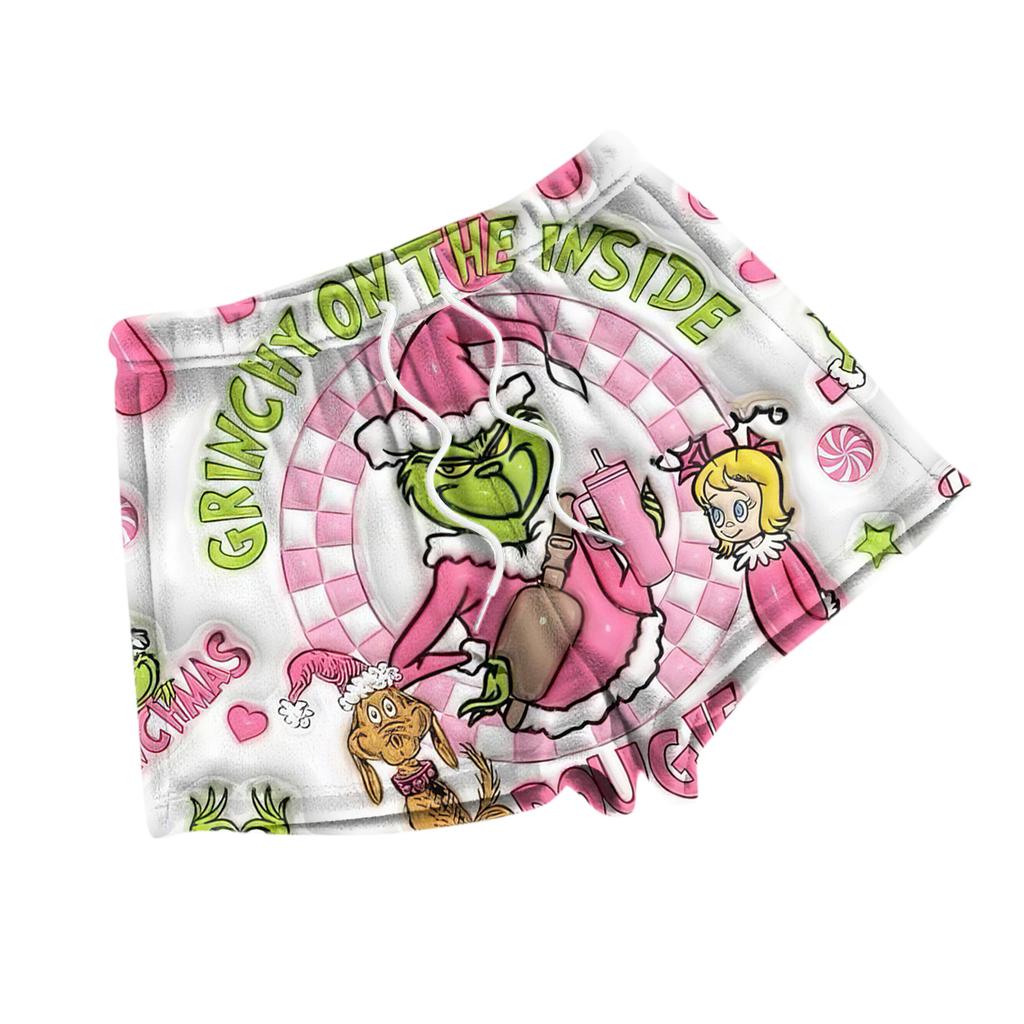 Dámské módní volné pyžamové šortky s fleecovým vánočním potiskem, ležérní kalhoty