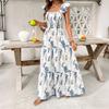 Women Retro Plant Print Square Neck Flutter Sleeve High Waist Tiered Long Dress