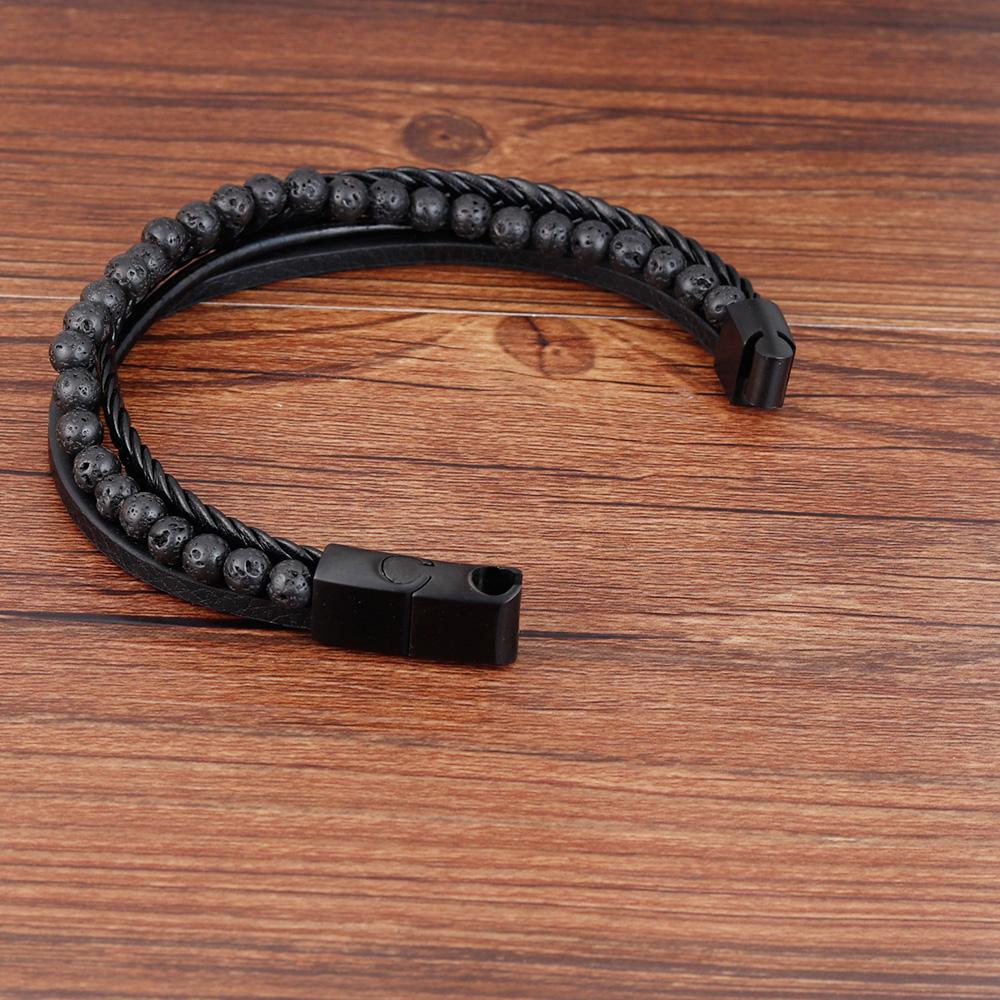 Punk Men Braid Bracelet Multilayer Leather Natural Stone Beaded Bangle Stainless Steel Magnetic Clasp Male Jewelry