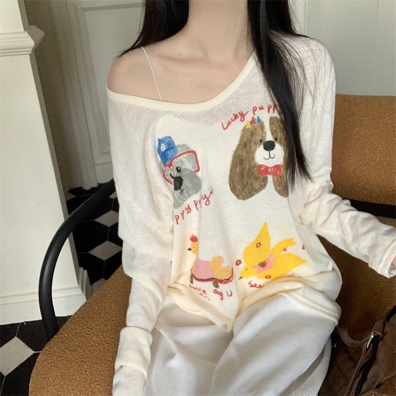

Apricot Dog Print Women s Loose Long Sleeve U-Neck T-Shirt: Age-Reducing, Casual Summer Lazy Style M