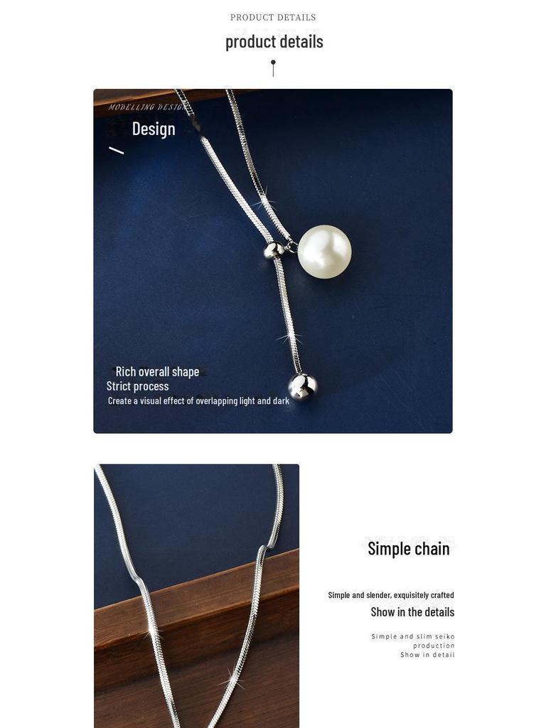 Titanium Steel Pearl Pendant Necklace for Women - Elegant Long Necklace for Autumn and Winter Sweaters