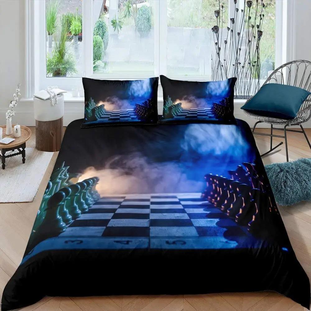 Międzynarodowy Szachowy Zestaw Poszwy na Kołdrę Rozmiar Queen Zestaw Pościeli dla Miłośników Szachów Dla Dzieci Dorosłych Mikrofibra Czarna Baza 23 szt. Poszwa na Kołdrę