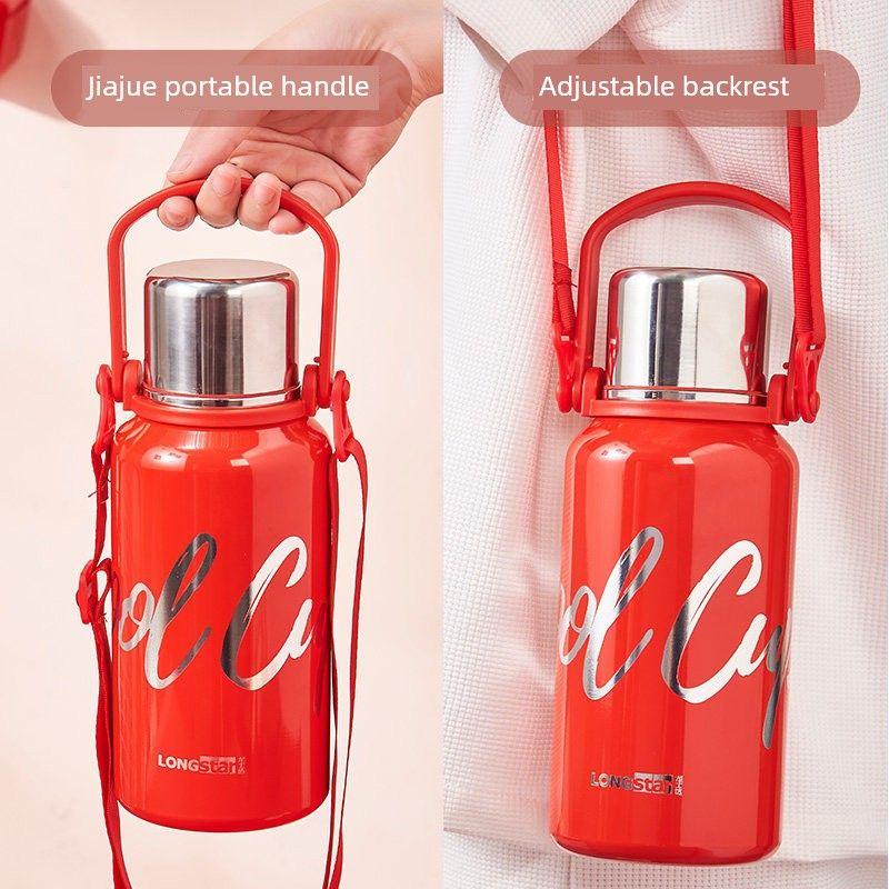 Large-Capacity Thermos Cup for Boys, Stainless Steel Tea Cup for Girls and Children, Outdoor Student Sports Water Bottle with Strap