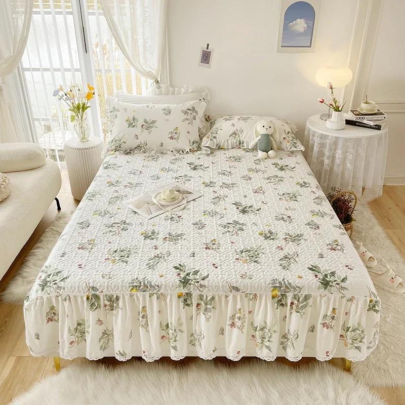 1pc Pure Cotton Thicken Quilted Mattress Cover with Skirt Queen/King Bed Sheet Skirt Elastic Band 200x220cm (No Pillowcase)