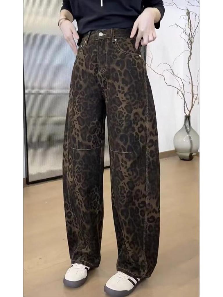 Spring 2025 Leopard Print High-Waist Straight-Leg Jeans for Women