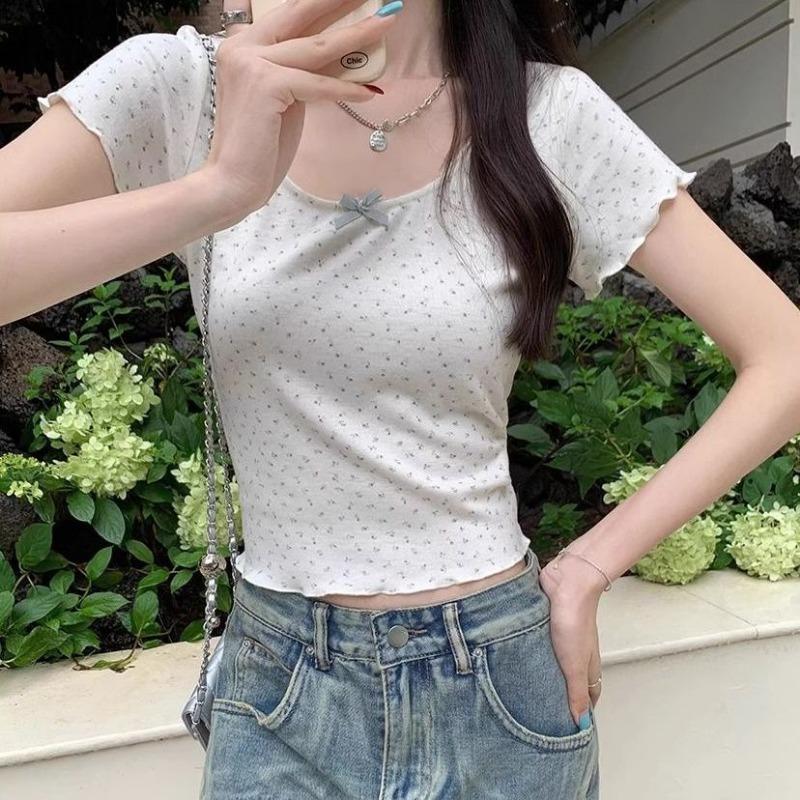 Front Shoulder Floral Short Sleeve Bow Design Print Pure Desire New Summer Short Hot Girl Fungus Trim Top