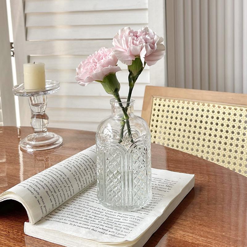 Retro Embossed Transparent Glass Vase: French-Inspired Luxury Home Decor for Living Room