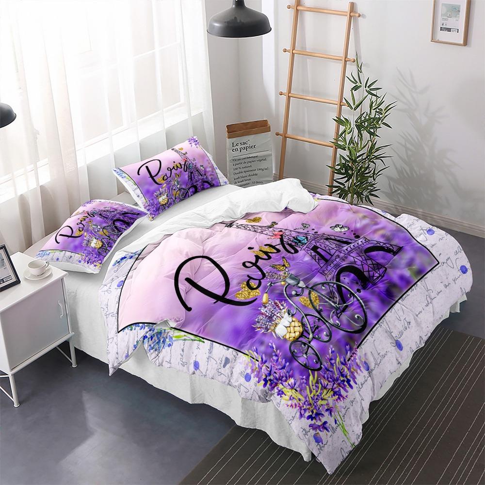 3pcs Purple Bedding Set Paris Eiffel Tower Printed Cozy Duvet Cover King Queen Twin Size Birthday Gift for Adult Bedroom Decor