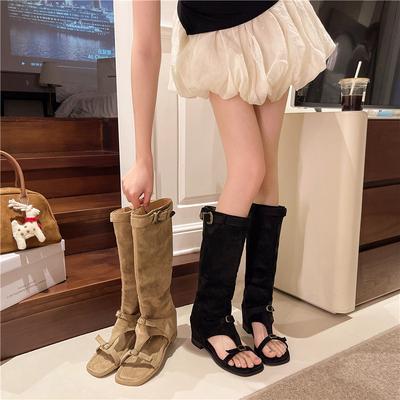 Spot Square Head Open-toed Elastic Fleece Cool Boots 25 Years Summer New Belt Buckle Splicing Sleeve Low Heel High Boots Women