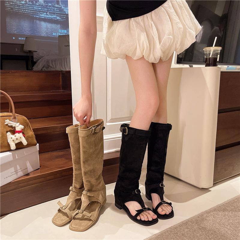 Spot square head open-toed elastic fleece cool boots 25 years summer new belt buckle splicing sleeve low heel high boots women