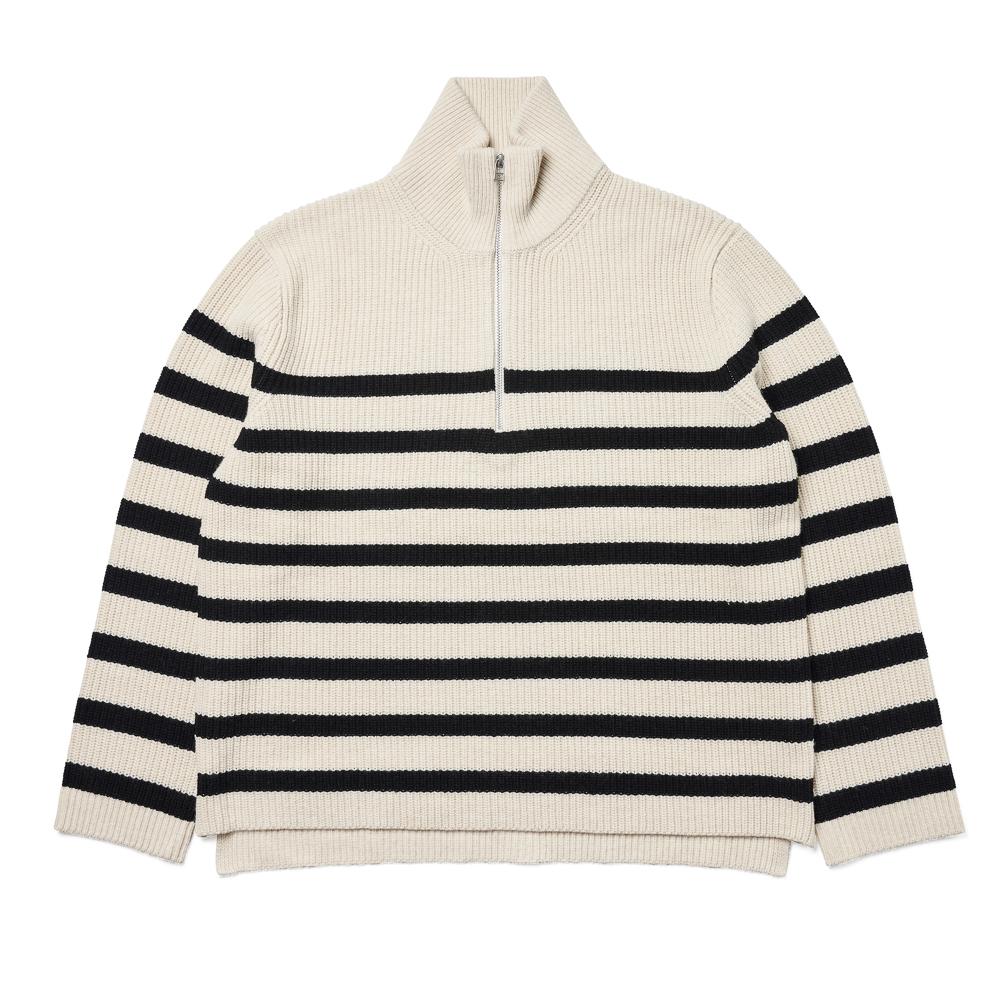 Berno [Casual] Stripe Half Zip-Up Knit White L