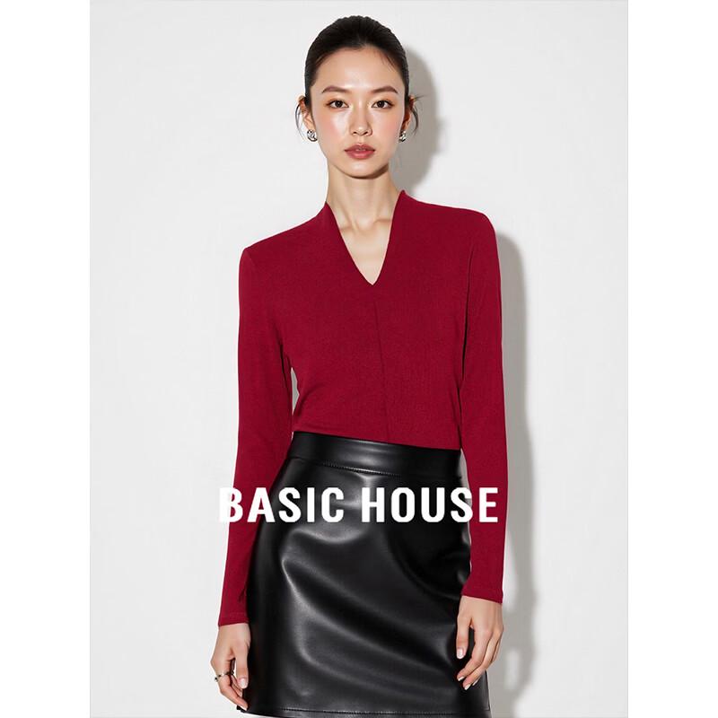 Basic House Women s New Year Red V-Neck Brushed T-Shirt L