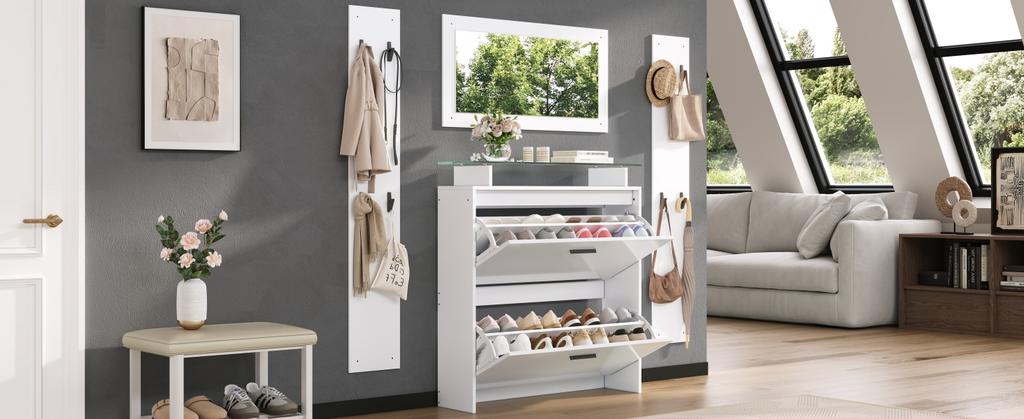 89.5*23*96.5cm Hallway Wardrobe Set 4-Piece with Mirror, 2 Hat Shelves and High Gloss Shoe Cabinet, with 8 Clothes Hooks, White