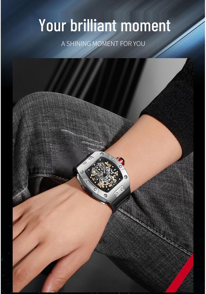 YASHIDUN Trendy Wine Barrel Skeleton Waterproof Luminous Silicone Strap Men's Mechanical Wristwatch