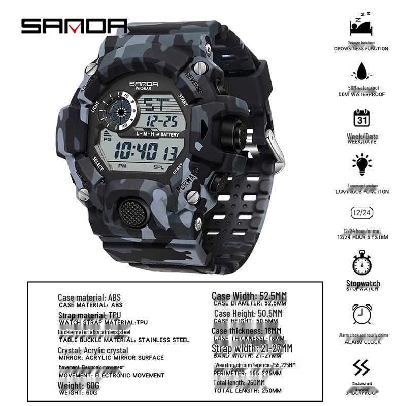 Sanda Multi-functional Outdoor Mountaineering Camouflage Sport Waterproof Alarm Clock Watch