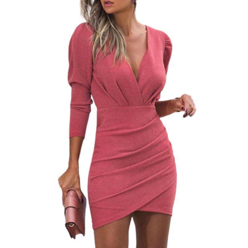 

Spring Autum Elegant Deep V-neck Shirring Bodycon Dress Women Long Sleeve Nightclub Fashion Robe Vestidos L рожевий