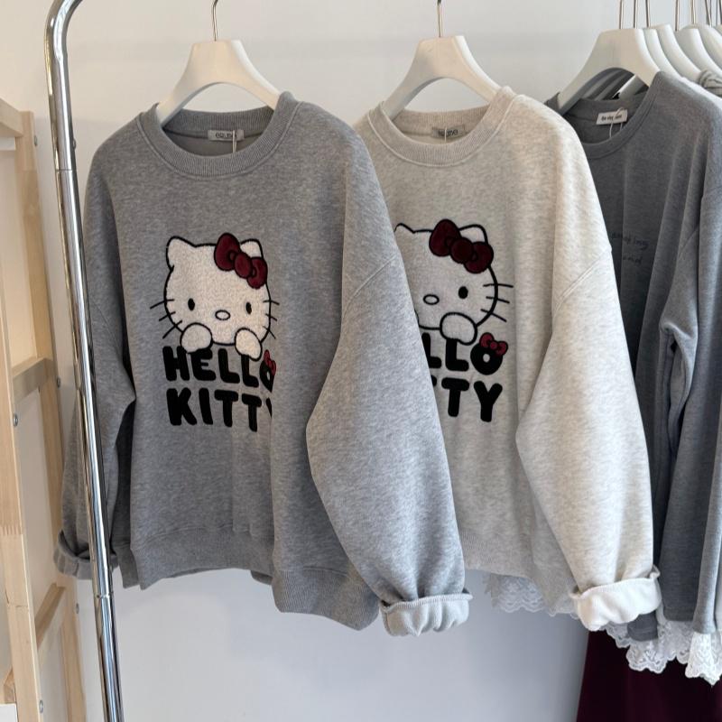 

Winter Velvet Embroidered Bow Kitten Cartoon Hoodie - Women s Warm Korean Style Round Neck Fleece Top One Size льняной/белый