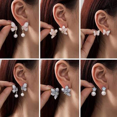 Gradual Change Butterfly Blue Crystal Pearl Earrings Summer Small Fresh High Sense Fashion Earrings