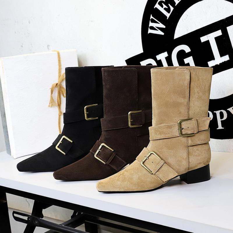 Retro Suede Women'S Boots Fashion Pointed Thick Heel Knight Boots For Women Designer Belt Buckle Women'S Shoes Botas Para Mujer