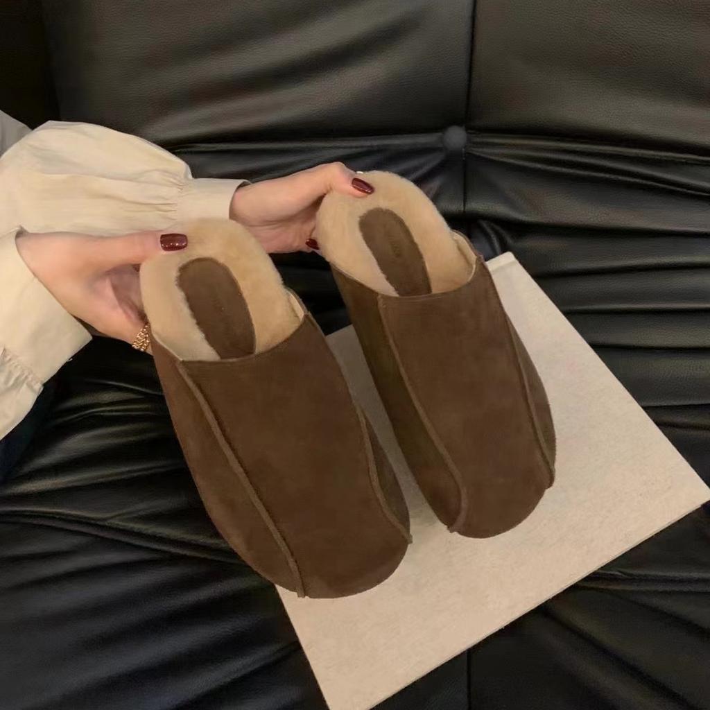 Leather Boken shoes for women's 2025 new autumn and winter velvet thick soles, one pedal, lazy bag head and half drag, wearing retro women