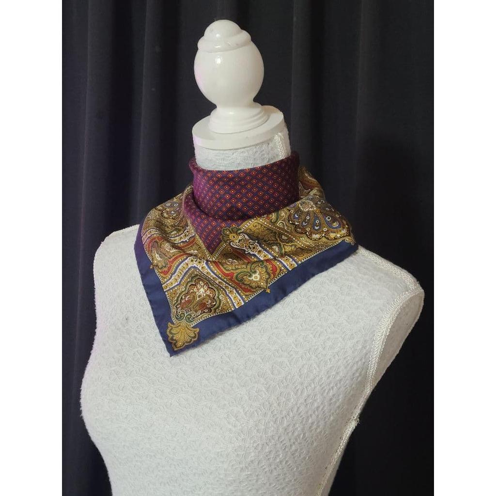 Used Reduced price luxury hand-sewn vintage silk scarf with crest and paisley pattern