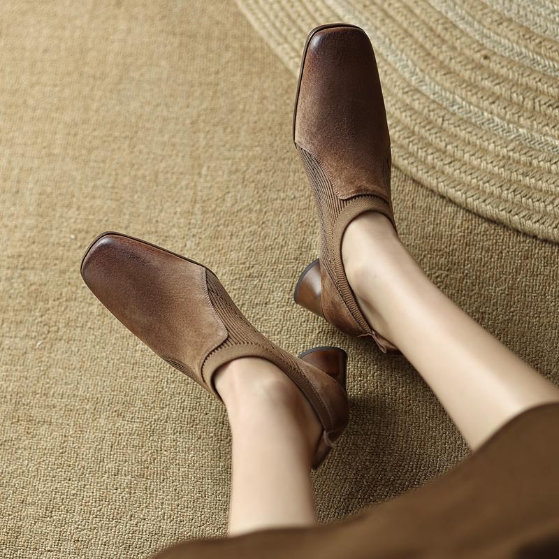 Fashion 2025 New Fashion Comfortable Genuine Leather Women's Ankle Shoes Elegant Square Toe Thick Heels Pumps Party Casual Shoes Woman