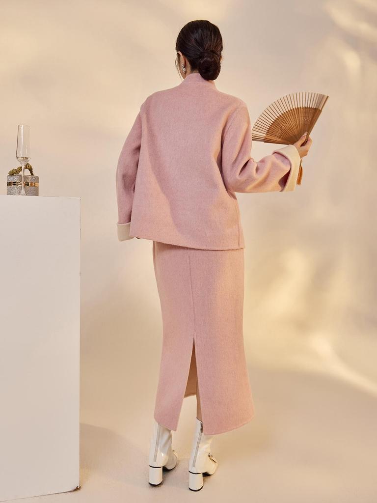 Autumn/Winter Double-Sided Wool Color Block Suit: Stand Collar Frog Button Top + Skirt Set (NX009)