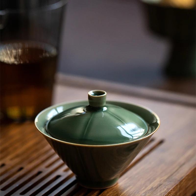 Mini 90ml Celadon Porcelain Gaiwan For Tea Solid Green Tureen With Lid Teaware Travel Kung Fu Tea Set Small Cup Bowls Chawan
