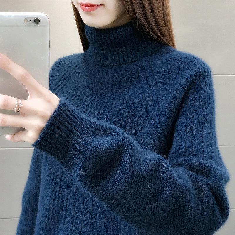 Women's  Knitted Loose Pullover Sweater Thickened Sweater High Collar Shirt Solid Color Autumn/Winter