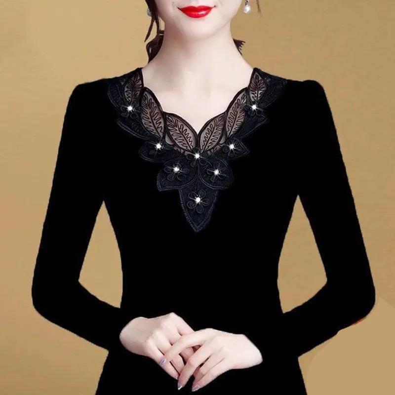 Plus aksamitna damska koszula dolna z czarnej koronki T-shirt z długimi rękawami Plus rozmiar Wewnętrzna góra