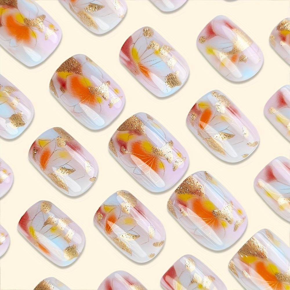 24 Pcs Reusable Pink Floral Glossy Square Short Press-On Nails with Golden Glitter Highlights for Women - False Nail Set