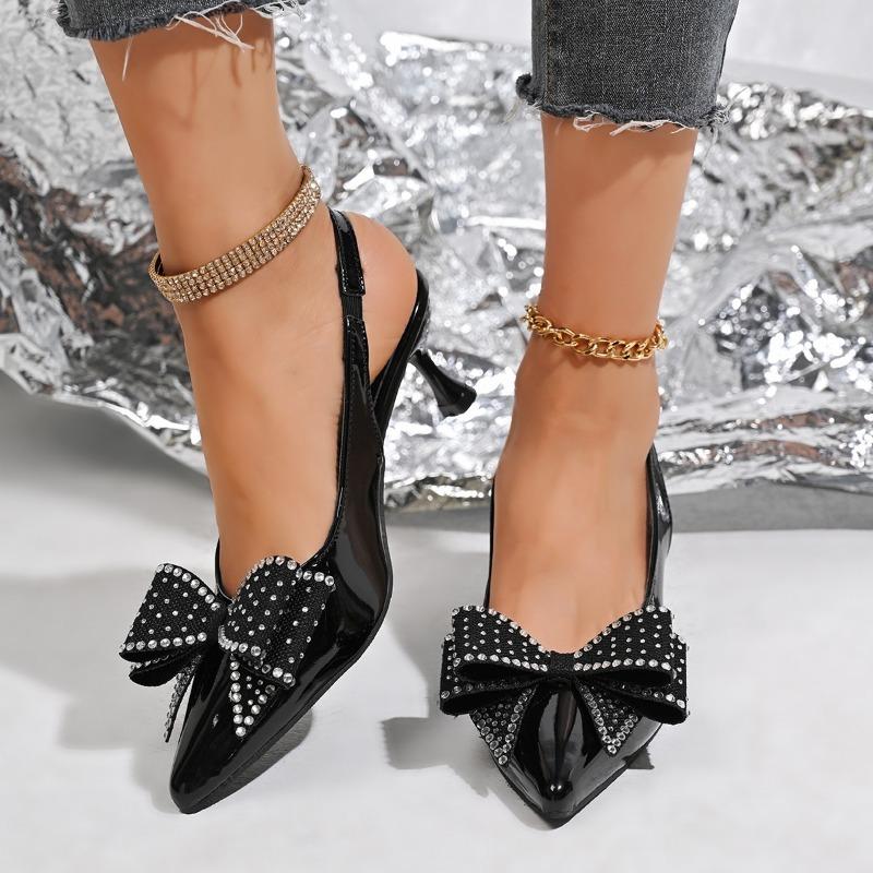 Spring Summer Pointed Toe Thin High Heel Pumps Women Mesh Rhinestone Bow-Knot Decor Slingback Sandals Party Banquet Fairy Shoes