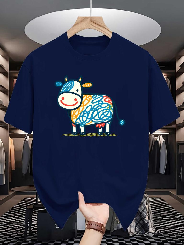 Male Red Round Neck T Shirt Simple Hand Drawn Happy Cow Multicolor Scribble Pattern Lovely Farm Creature Daily Cotton Tee