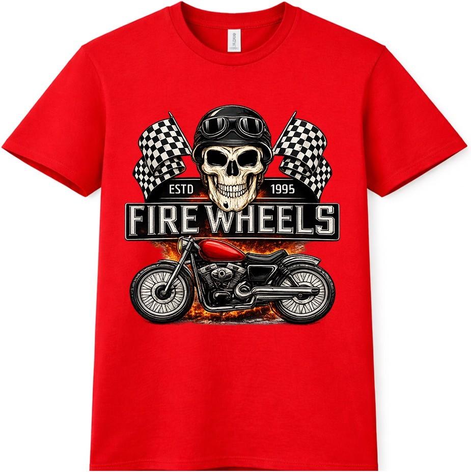 Motorcycle T Shirt Fire Wheels Skull Rider Biker Vintage Racing Graphic Tee S