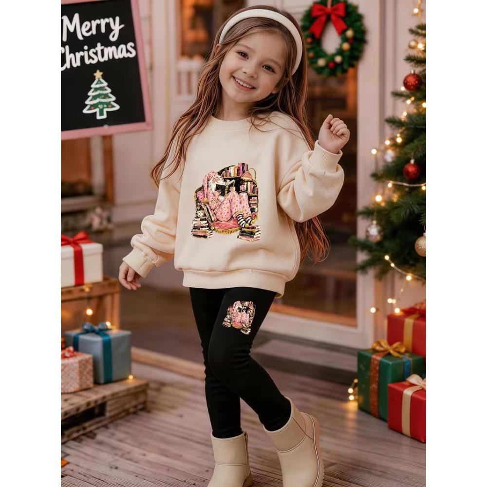 Girls' Christmas Casual Comfortable Soft Loose Pullover Sweatshirt and Leggings 2-Piece Set, New Autumn/Winter, Playful, Sweet and Cool Style