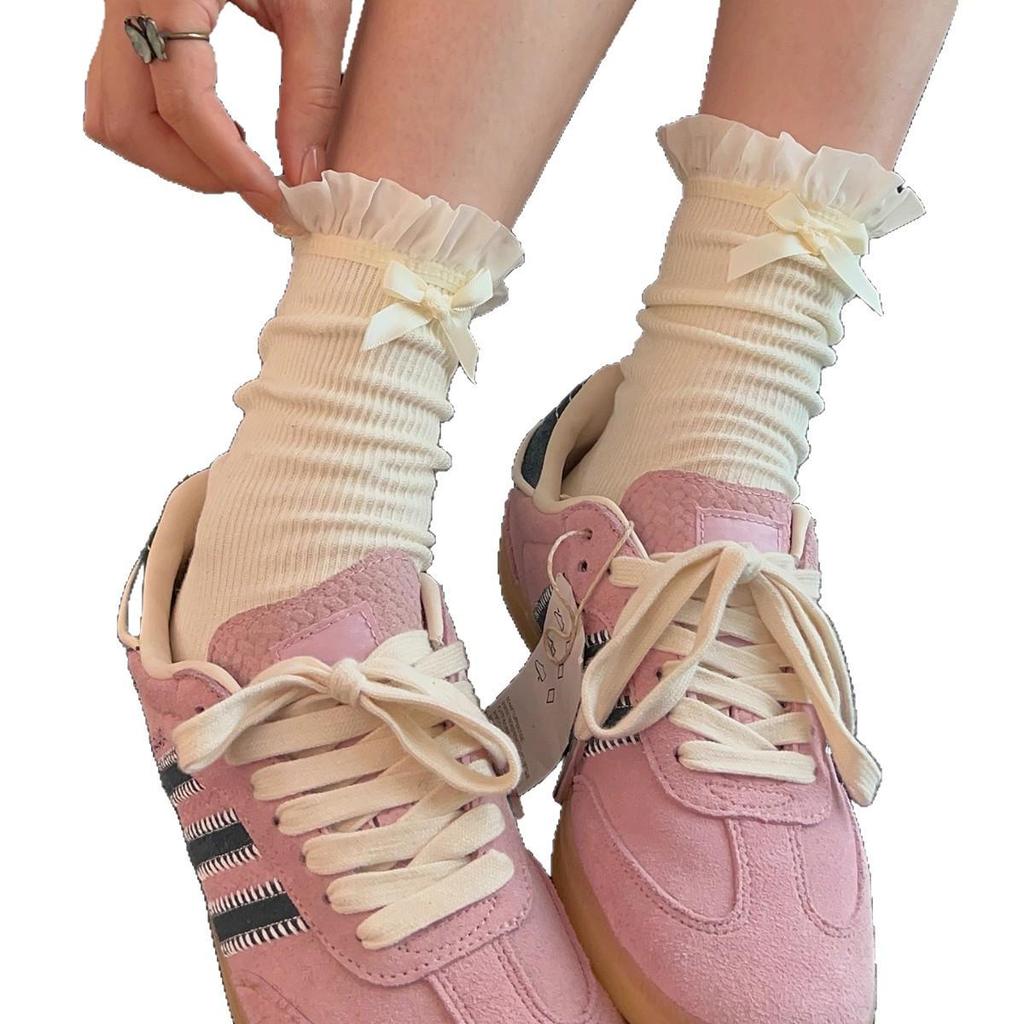 Women's Gray Lace Mid-Calf Cotton Socks - Spring/Summer Thin, Boneless Scrunch Design, Compatible with Trainers