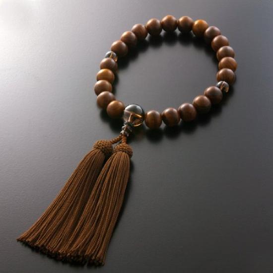 Men's Buddhist Prayer Beads by Kyoto Butsudan Hayashi, Pure Silk with a Tassel, Sandalwood, and Brown Quartz Finish [Prayer Beads Bag Included],