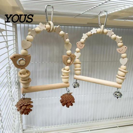 Wooden Blocks Bird Chew Toy Parrot Swing Perch, Toy, Beaded Arch Play Gym with Bells or Pine Cones, Cage Accessories for Parakeet Cockatiel
