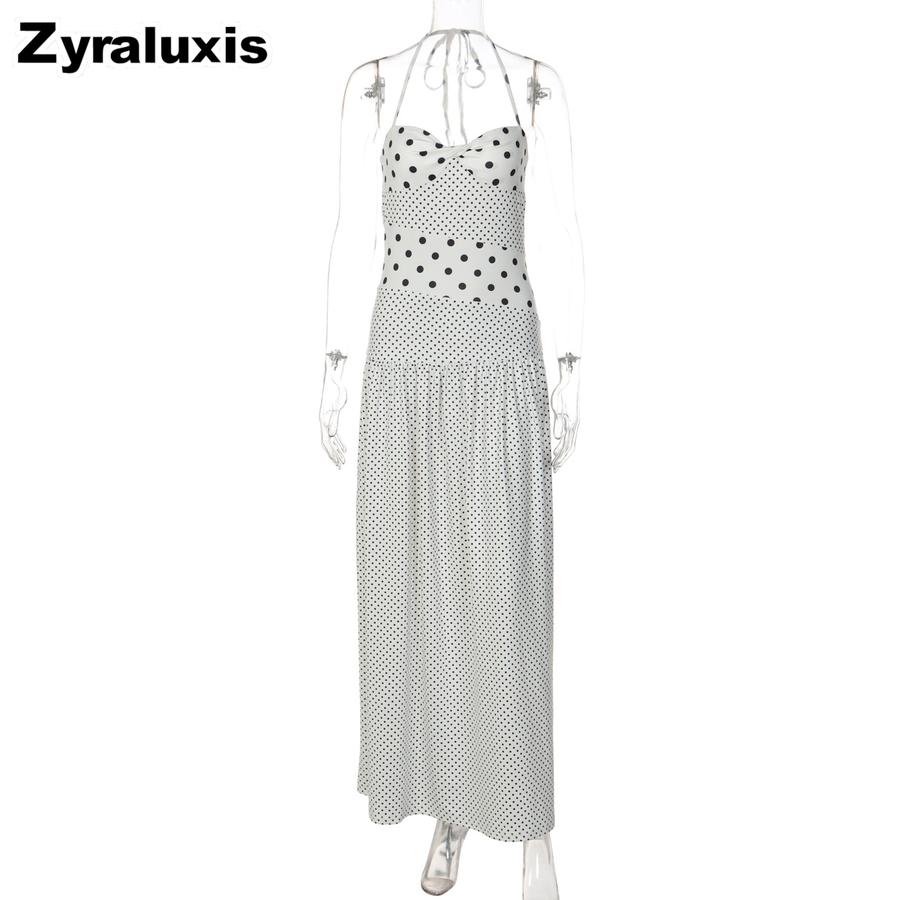 Summer New Women s Fashion Sexy Necklet Dot Vintage Ruched Elegant Dot Dress XS