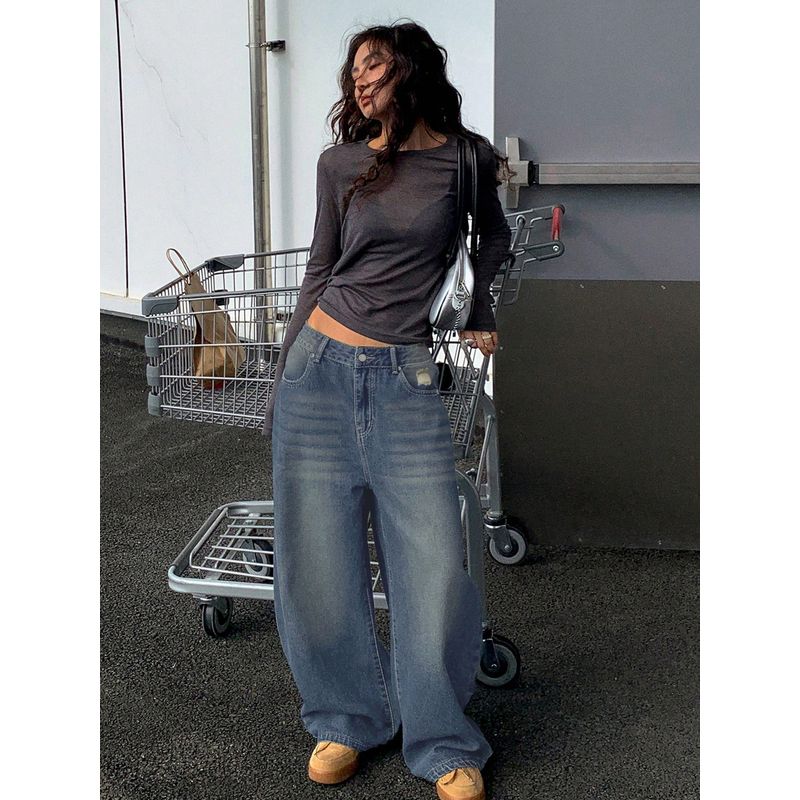 

American Sexy Retro Blue Washed Worn Jeans Women s Summer Loose Retro Retro Straight-Leg Trousers Mop Pants Women Cowboy Blue M