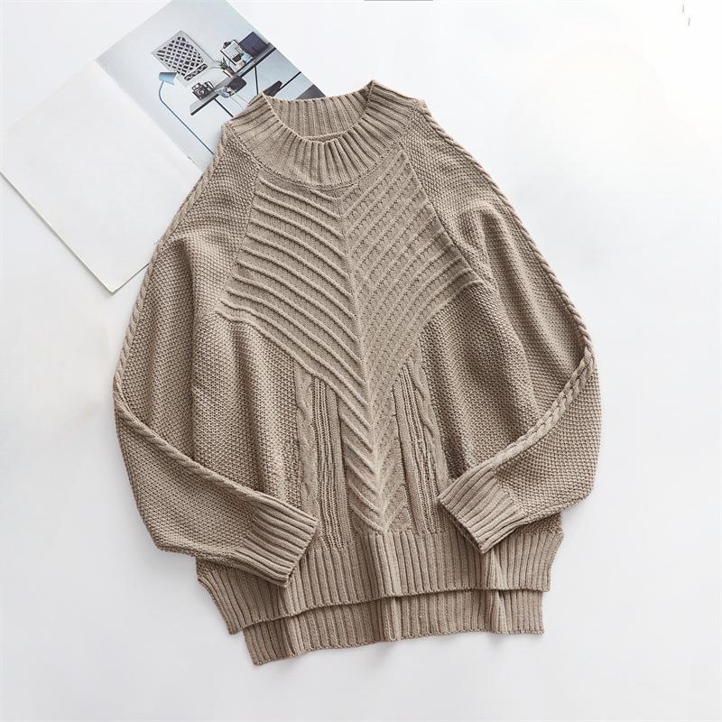 IHUASU Женский осенне-зимний однотонный трикотажный свитер без бретелек с длинным рукавом и круглым вырезом сплетенный из витой веревки S хаки 2289₽