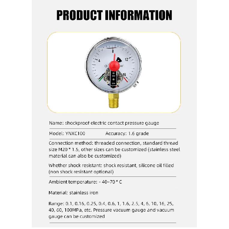 Pressure Gauge Electric Contact Pressure Gauge 220V 380V M20*1.5 Installed At The Bottom For Air Gas Water Fuel Liquid