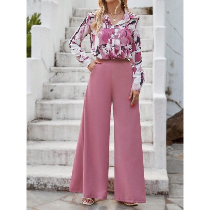 women's Collared Abstract Print Long Sleeve Shirt High Waist Wide Leg Pant Casual Two Piece Outfit Set